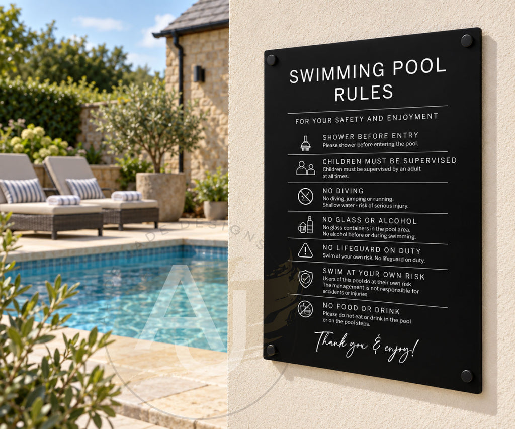 Custom Swimming Pool Rules Plaque | Personalised Outdoor Acrylic Sign for Airbnb & Holiday Rentals