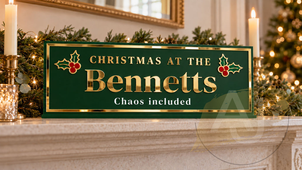Personalised Christmas Table Sign – Family Chaos – Acrylic Decoration with Gold Mirror Details