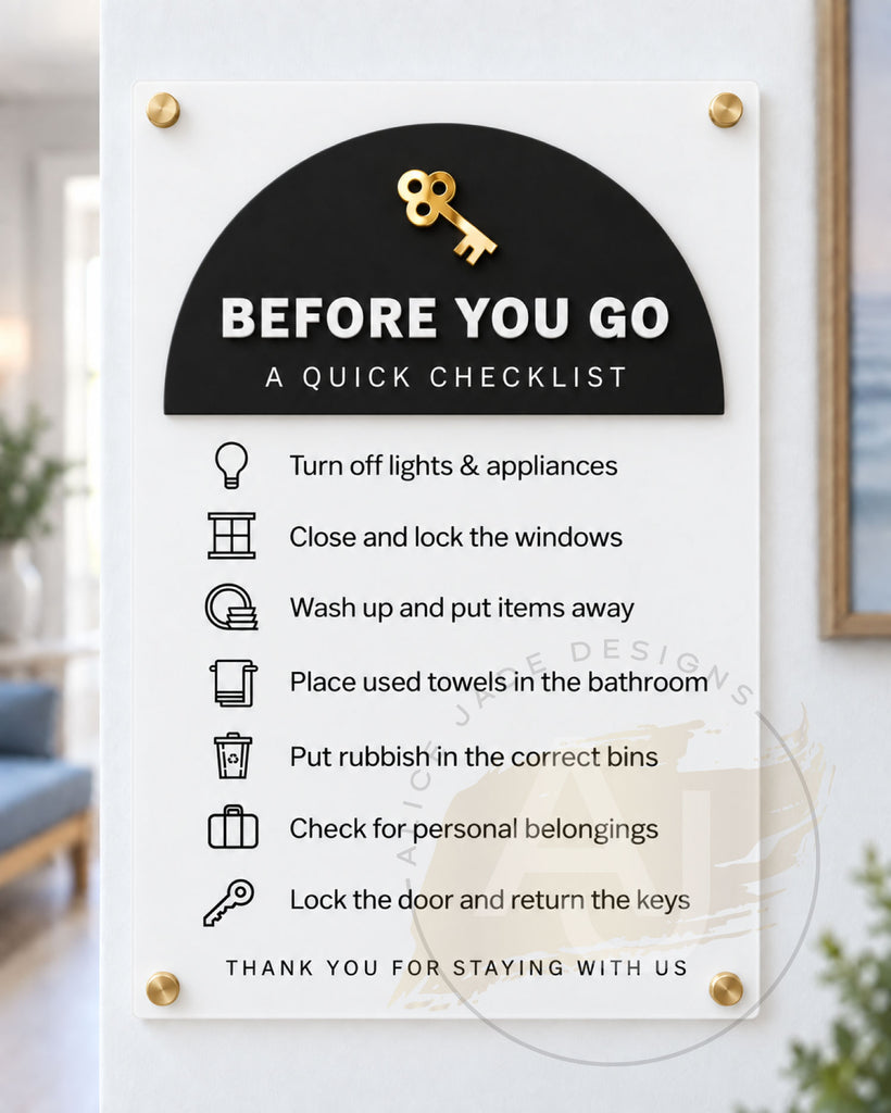 Before You Go – Acrylic Checkout Checklist Sign for Holiday Lets & Airbnb