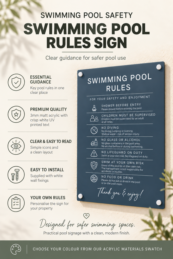 Custom Swimming Pool Rules Plaque | Personalised Outdoor Acrylic Sign for Airbnb & Holiday Rentals