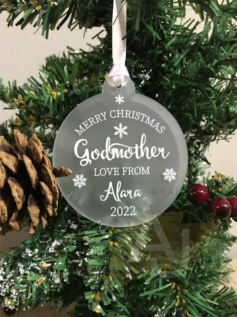 Personalised Merry Christmas Godmother Christmas Tree Frosted Bauble Decoration Gift