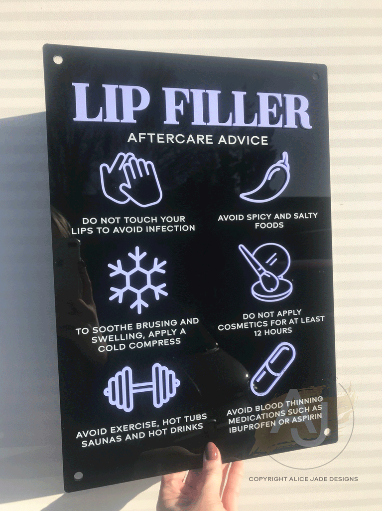 Lip Filler Aftercare Advice Acrylic A3 Wall Sign | Beauty Sign | Business Sign | Spa Sign | Salon Sign | Salon Decor