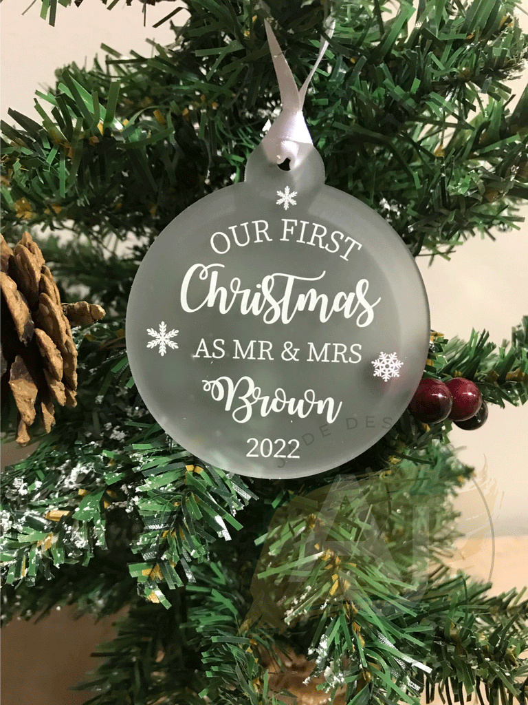 Personalised Mr & Mrs, Mr Mr, Mrs Mrs First Christmas Married Tree Frosted Bauble Decoration Wedding Gift