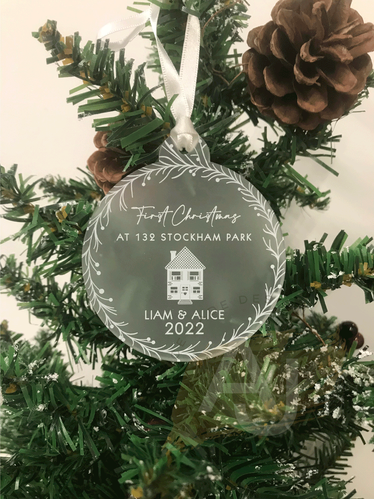 Personalised New Home Christmas Tree Frosted Bauble Decoration