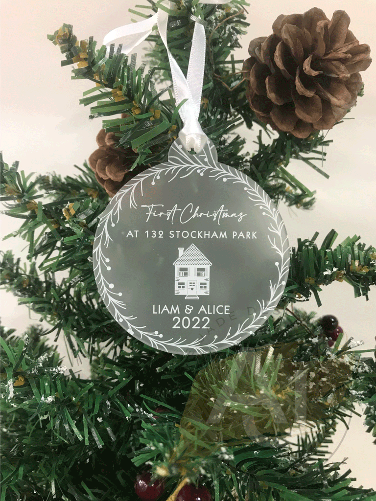 Personalised New Home Christmas Tree Frosted Bauble Decoration