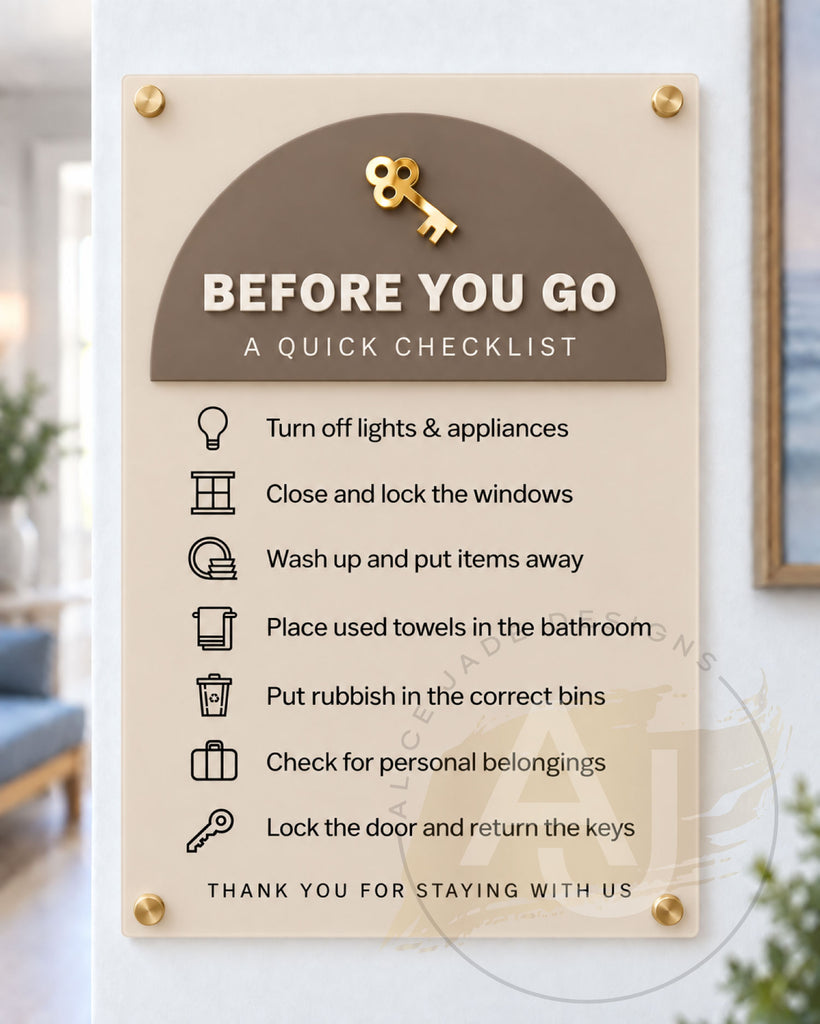 Before You Go – Acrylic Checkout Checklist Sign for Holiday Lets & Airbnb