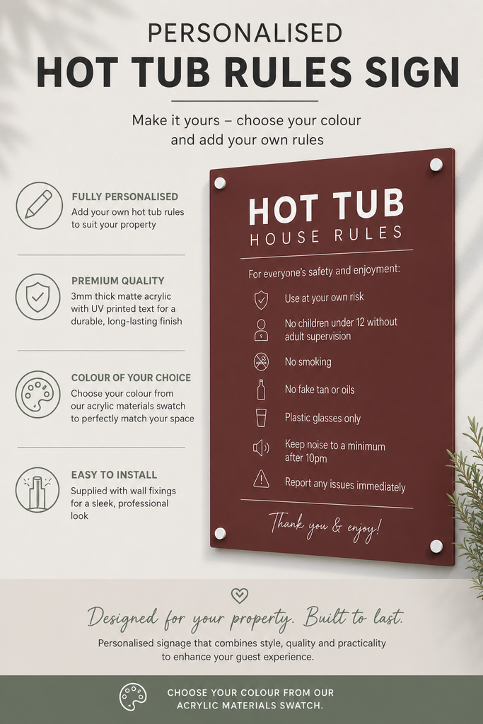 Custom Hot Tub Rules Plaque | Personalised Outdoor Acrylic Sign for Airbnb & Holiday Rentals