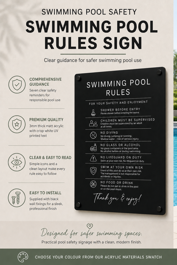 Custom Swimming Pool Rules Plaque | Personalised Outdoor Acrylic Sign for Airbnb & Holiday Rentals