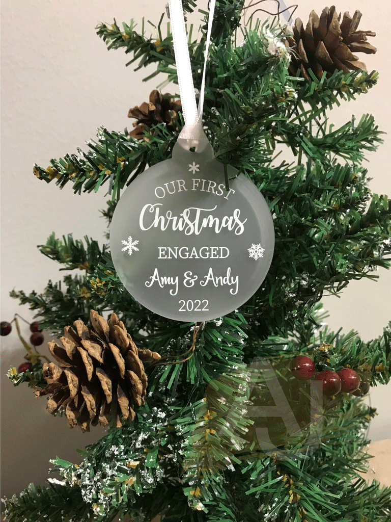 Personalised First Christmas Engaged Couples Tree Frosted Bauble Decoration Wedding Gift