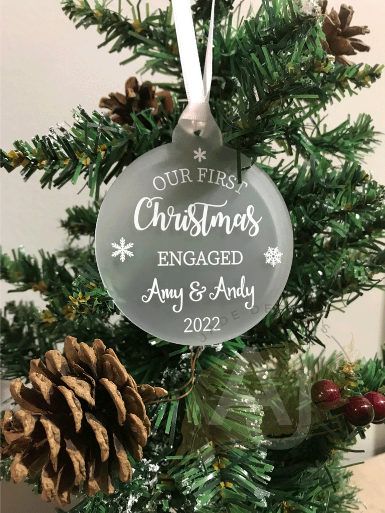 Personalised First Christmas Engaged Couples Tree Frosted Bauble Decoration Wedding Gift
