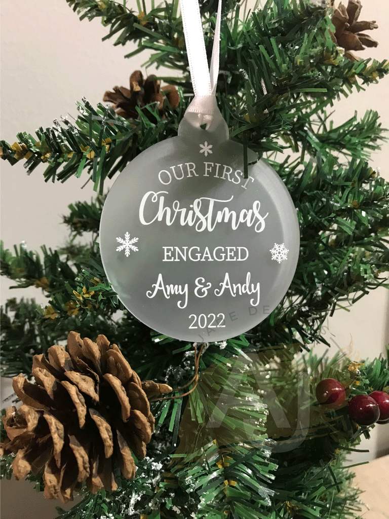 Personalised First Christmas Engaged Couples Tree Frosted Bauble Decoration Wedding Gift