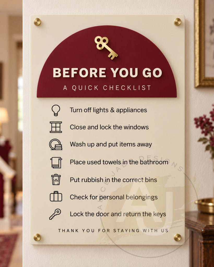 Before You Go – Acrylic Checkout Checklist Sign for Holiday Lets & Airbnb