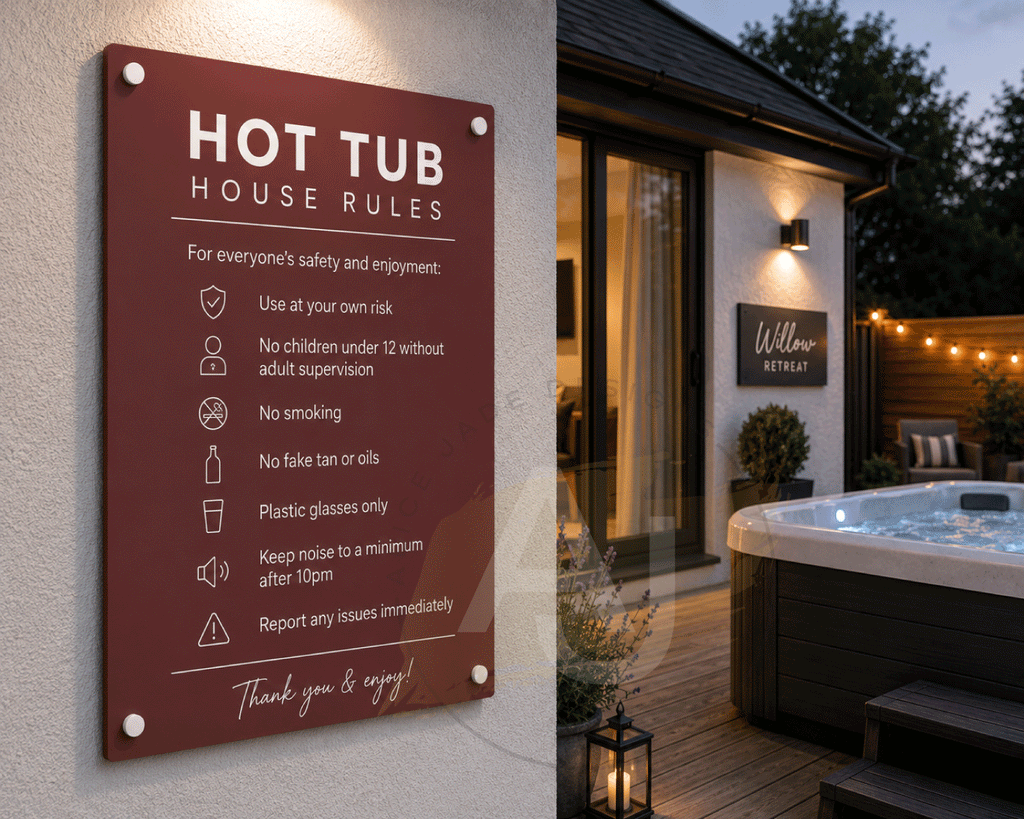 Custom Hot Tub Rules Plaque | Personalised Outdoor Acrylic Sign for Airbnb & Holiday Rentals