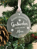 Personalised Merry Christmas Godmother Christmas Tree Frosted Bauble Decoration Gift