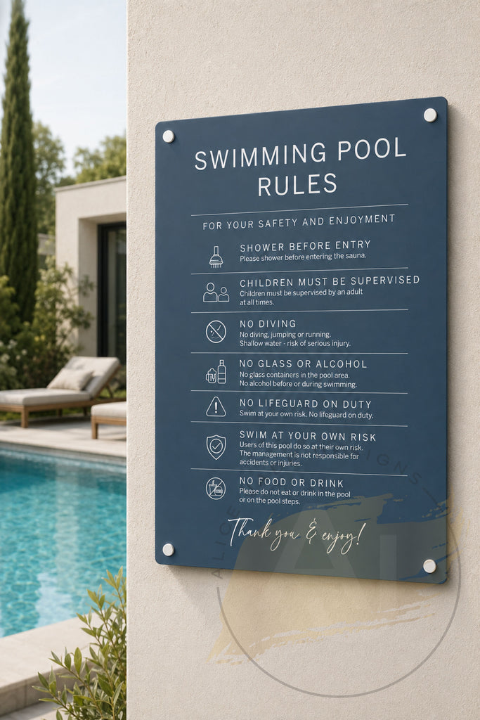 Custom Swimming Pool Rules Plaque | Personalised Outdoor Acrylic Sign for Airbnb & Holiday Rentals