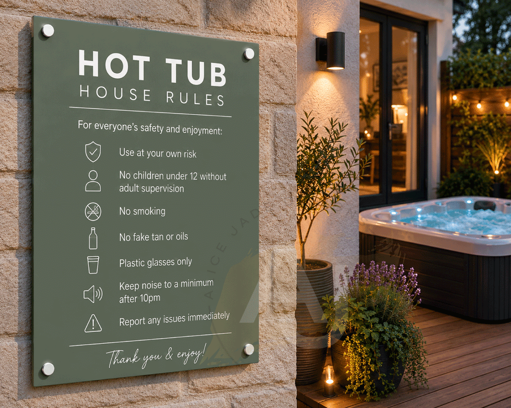 Custom Hot Tub Rules Plaque | Personalised Outdoor Acrylic Sign for Airbnb & Holiday Rentals